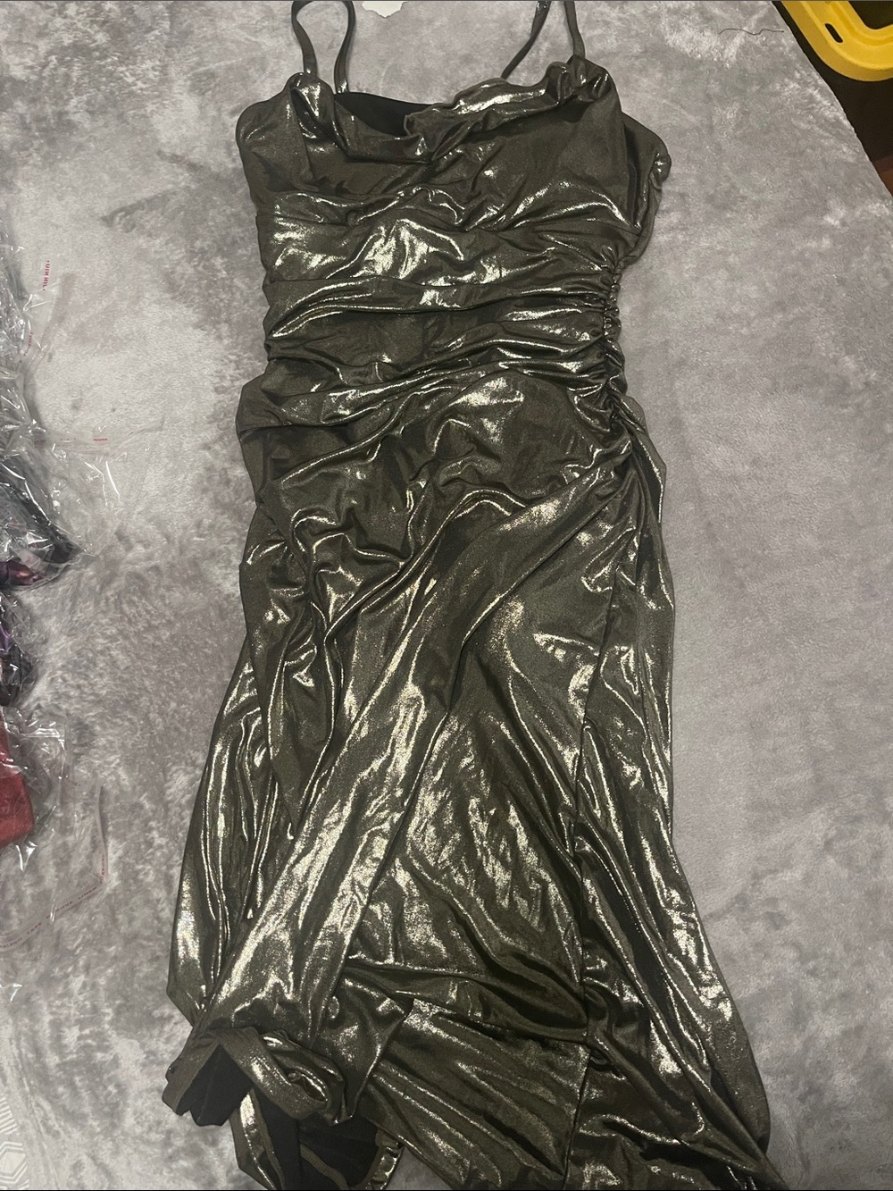 Brand Popilush Metallic Olive Green Maxi Slip Dress with Ruched Bodice